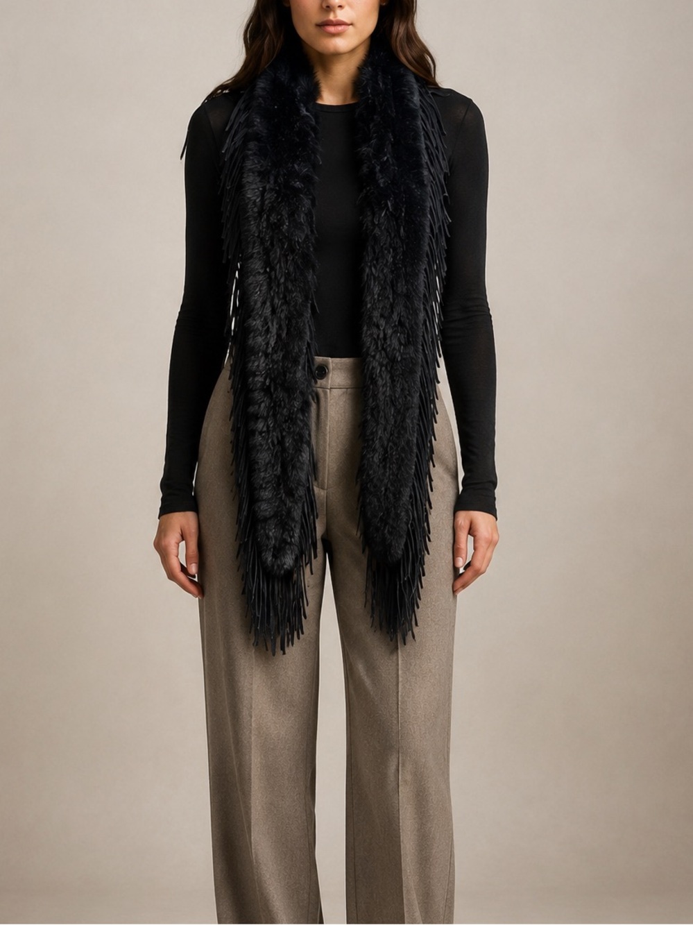 Mitchie’s Black Rabbit Fur Suede Fringe Boho Scarf Wrap 59 Inch
